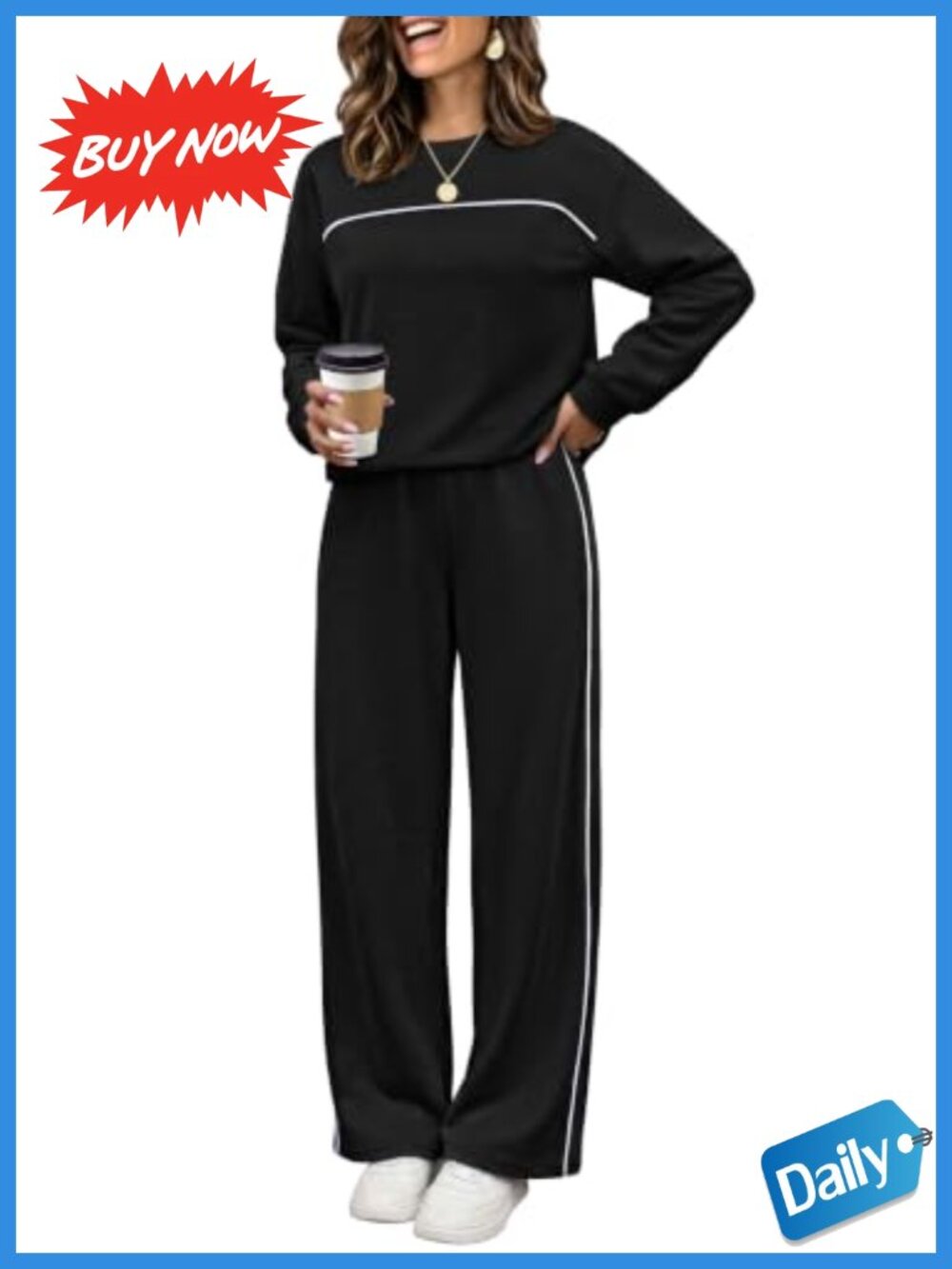 Women's 2 Piece Lounge Set Matching Long Sleeve Top & Wide Leg Pants